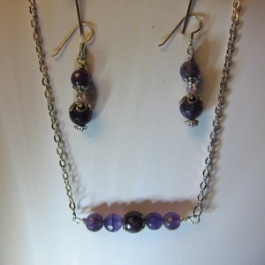 Amethyst Bar Necklace & Earring Set Natural stone, beads silver hypoallergenic ear wires watercolorsNmore image 2