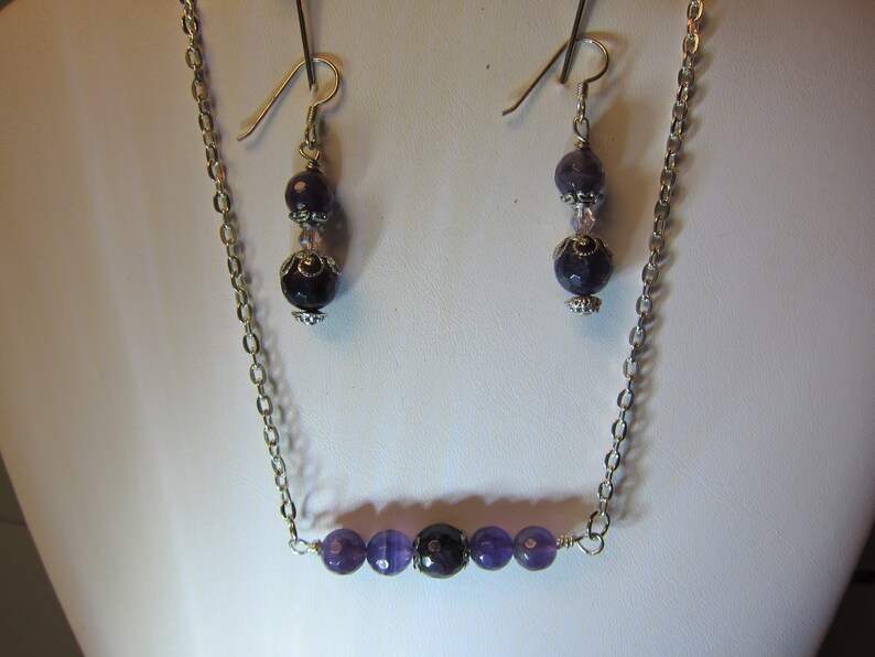 Amethyst Bar Necklace & Earring Set Natural stone, beads silver hypoallergenic ear wires watercolorsNmore image 2