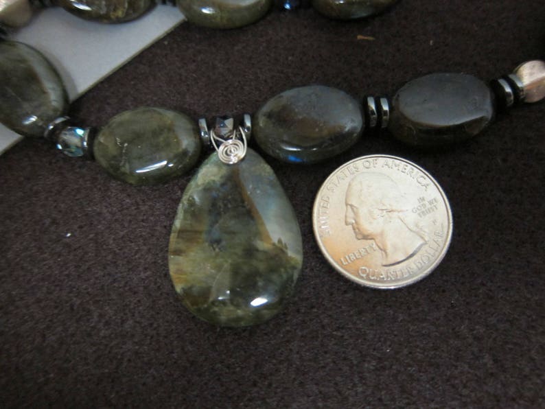 Labradorite Gemstone Necklace with Pendant chuncky beaded wire wrap silver image 5