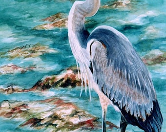 Great Blue Heron Watercolor 8x12, 11x16, print Florida Shorebird Print GiClee watecolorsNmore Coastal