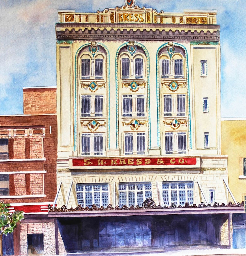 May include: A watercolour painting of a vintage shop front with the name "S.H. Kress & Co." above the entrance. The building has a white facade with red accents and large windows. The shop front is decorated with ornate details and a sign with the company's name.