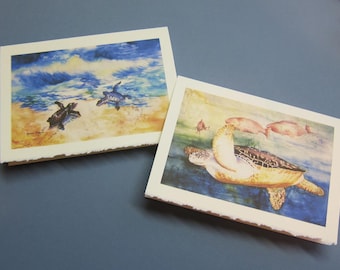 2 Sea Turtles note cards, Baby Sea Turtles, Loggerhead Turtle art, 5 x 7 Note Card, @RTobaison WatercolorsNmore