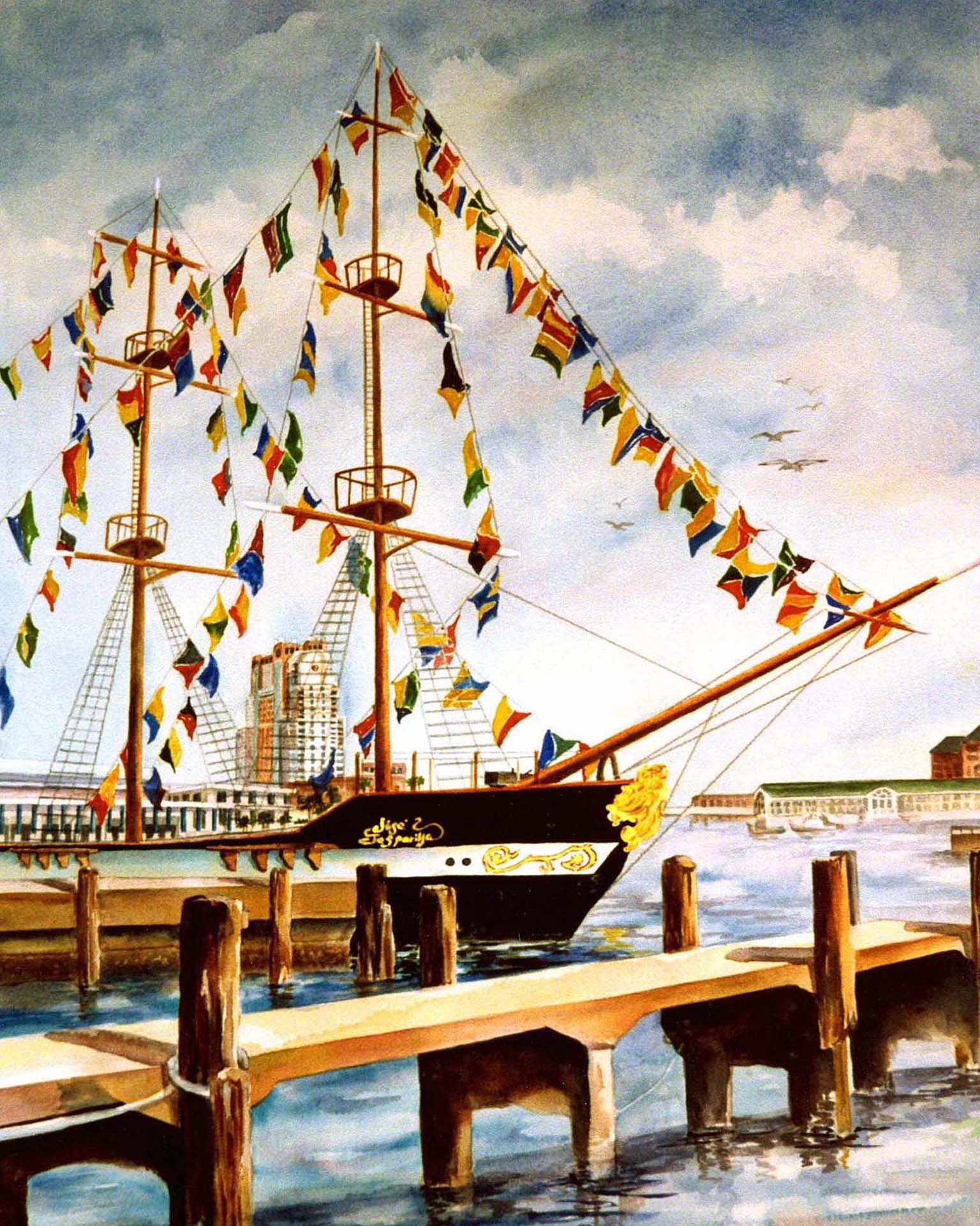 Historic Gasparilla Pirate Ship Watercolor Art Print, Tampa