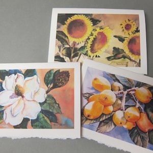 3 Fall Autumn Sunflowers Magnolia Japanese Plums, Loquats Note Card 5 x 7 blank watercolor print Yellow image 1