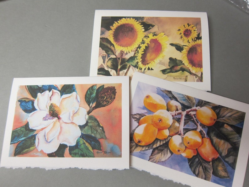 3 Fall Autumn Sunflowers Magnolia Japanese Plums, Loquats Note Card 5 x 7 blank watercolor print Yellow image 1
