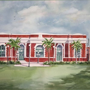 May include: A watercolour painting depicting a red brick building with white trim and green doors. The building features a large arched window and is surrounded by palm trees. The sky is cloudy and there are power lines in the background.