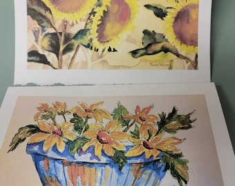 Sunflowers & Daisy Basket Note Cards 2 Watercolor print 5x7 Greeting Card
