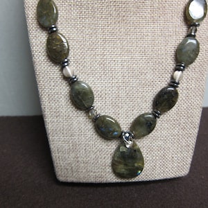 Labradorite Gemstone Necklace with Pendant chuncky beaded wire wrap silver image 1