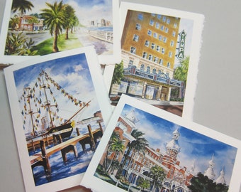 Monuments historiques de Tampa en Floride, 4 cartes Variété 5 x 7 cartes de correspondance impression 8 x 10 aquarelles de Roxanne Tobaison Nmore #Gasparilla