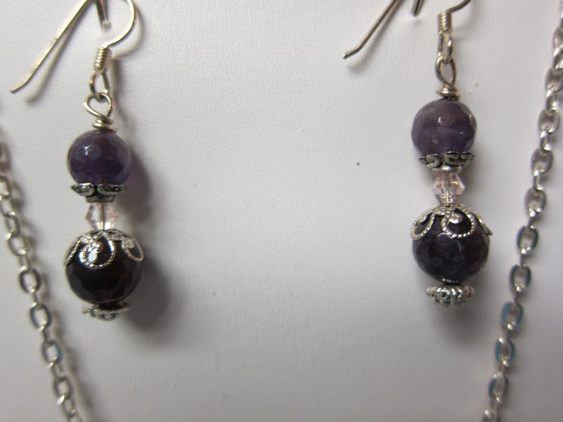 Amethyst Bar Necklace & Earring Set Natural stone, beads silver hypoallergenic ear wires watercolorsNmore image 6