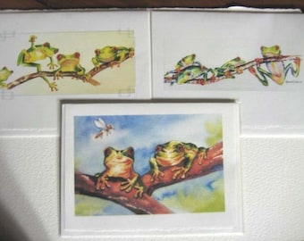 Tree Frogs, red eyed art 5 x 7 Note Cards set of 3, rain forest  whimsy greeting cards, green