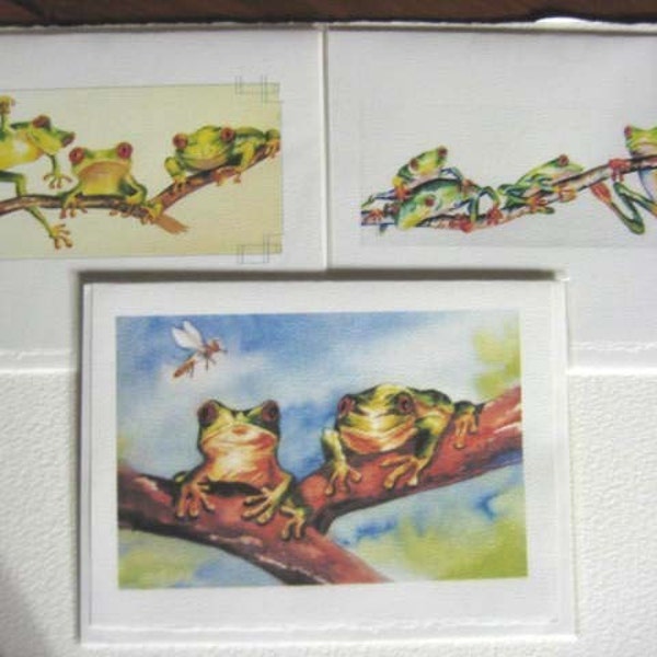 Tree Frogs, red eyed art 5 x 7 Note Cards set of 3, rain forest  whimsy greeting cards, green