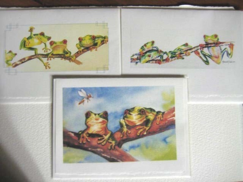 Tree Frogs, red eyed art 5 x 7 Note Cards set of 3, rain forest whimsy greeting cards, green Bild 1