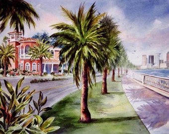 Tampa Bayshore Print, Tampa Florida Cityscape 11 x 15 Lithograph or Giclee Roxanne Tobaison