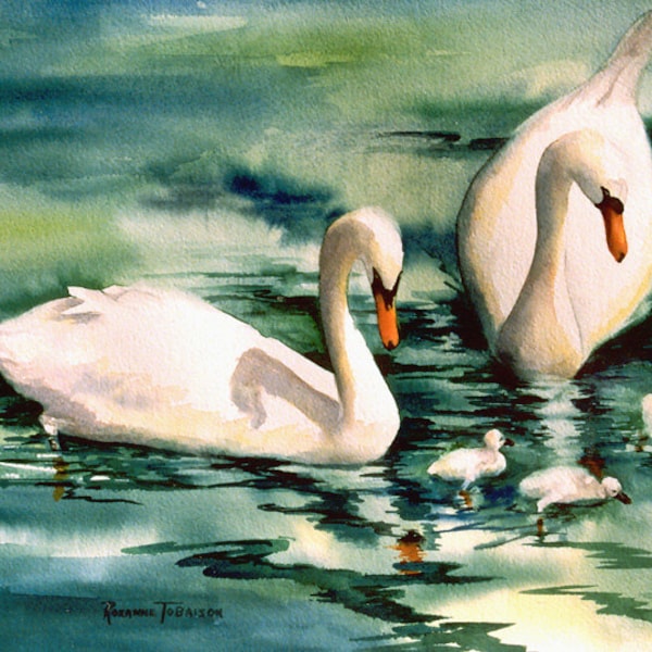 Cygnes avec cygnes 11 x 14 impressions d'art 3 choix - choisissez 1 impression d'archives aquarelle #watercolorsNmore @RTobaison