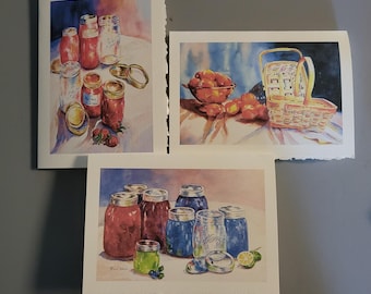 Fruit Ball Kerr JARS - Preserves (3) 5 x 7 Note Art cards Strawberry Jams, Peaches @watercolorsNmore