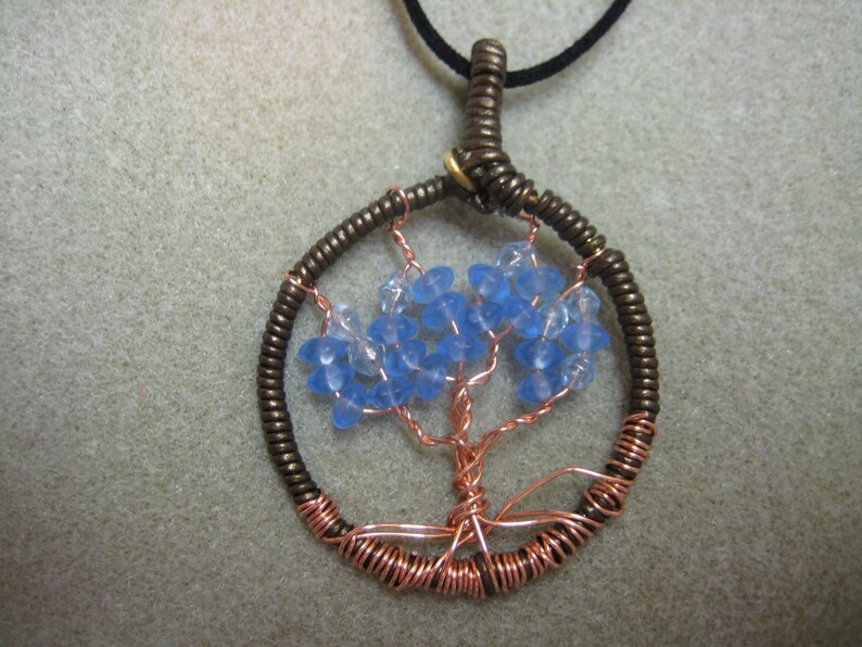 Tree of Life UNISEX Pendant blue beads leather cord wrapped image 0
