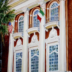 May include: A watercolour painting of a building with white columns and red brick. The building has large windows and balconies. There are two flags flying from the building, one American and one Italian.