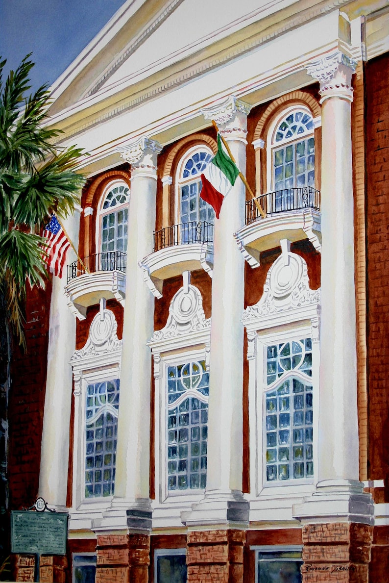 May include: A watercolour painting of a building with white columns and red brick. The building has large windows and balconies. There are two flags flying from the building, one American and one Italian.