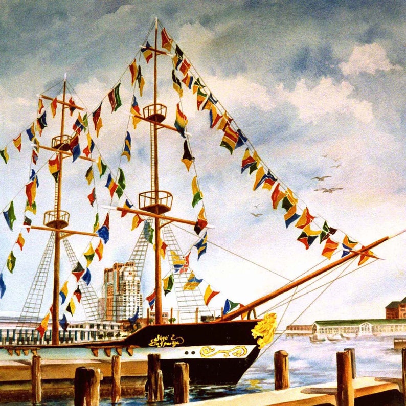 May include: A black and white ship with a gold trim, docked at a pier. The ship is decorated with colorful flags, and the text "Ship 'The Peggy'" is visible on the side. The ship is in a harbor with other buildings and boats in the background.