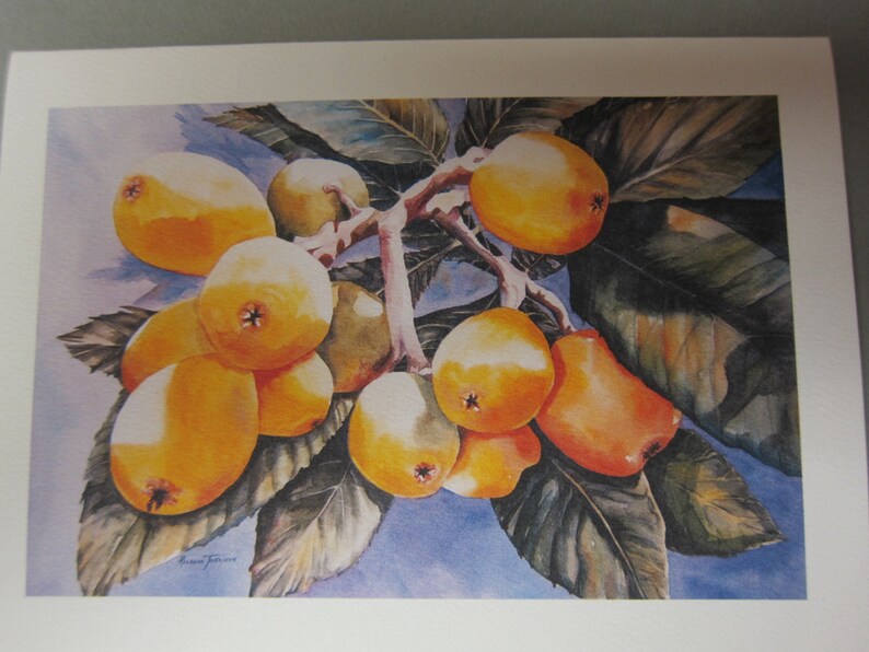 3 Fall Autumn Sunflowers Magnolia Japanese Plums, Loquats Note Card 5 x 7 blank watercolor print Yellow image 2