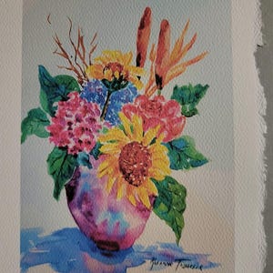 May include: A watercolor painting of a bouquet of flowers in a pink vase. The flowers include sunflowers, hydrangeas, and other blooms in shades of yellow, red, blue, and orange. The vase is sitting on a blue surface.