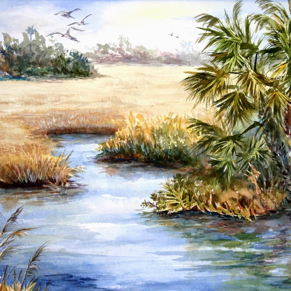 Old Florida Inlet Original watercolor or Fine Art Print Roxanne Tobaison Sawgrass WatercolorsNmore