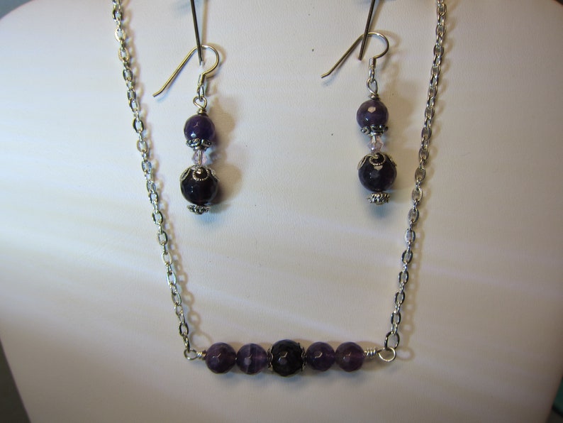 Amethyst Bar Necklace & Earring Set Natural stone, beads silver hypoallergenic ear wires watercolorsNmore image 7