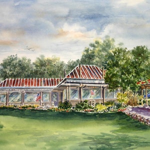 Peut inclure: Aquarelle d'un restaurant appel&eacute; "Colonnade Restaurant" avec un toit rouge et un auvent rouge. Le restaurant est situ&eacute; sur un front de mer avec vue sur un horizon urbain au loin.