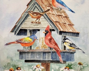 Birds House, w/ songbirds 5 x 7 note card @RTobaison #Cardinal, Chickadee, Carolina Wren, Painted Bunting, Eastern Blue Bird