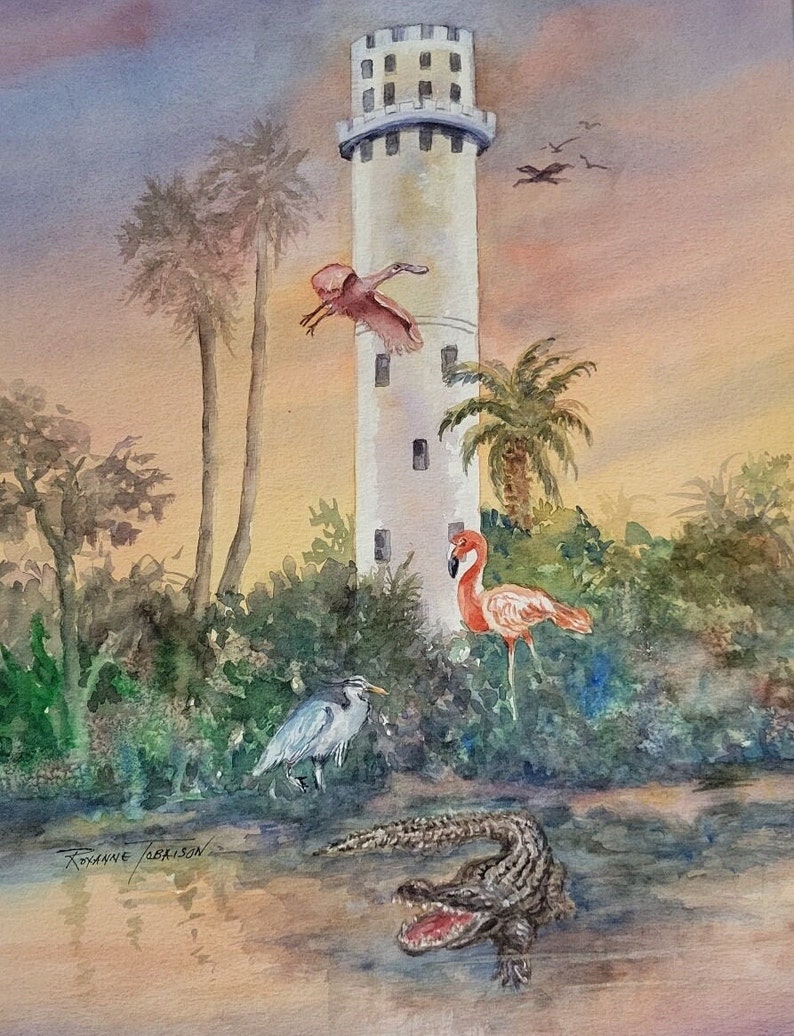 May include: Watercolor painting of a white tower with a pink flamingo, a blue heron, and an alligator in a swamp. The sky is a soft pink and orange.