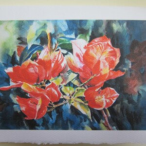 May include: Watercolor painting of red bougainvillea flowers with green leaves against a blue and green background.