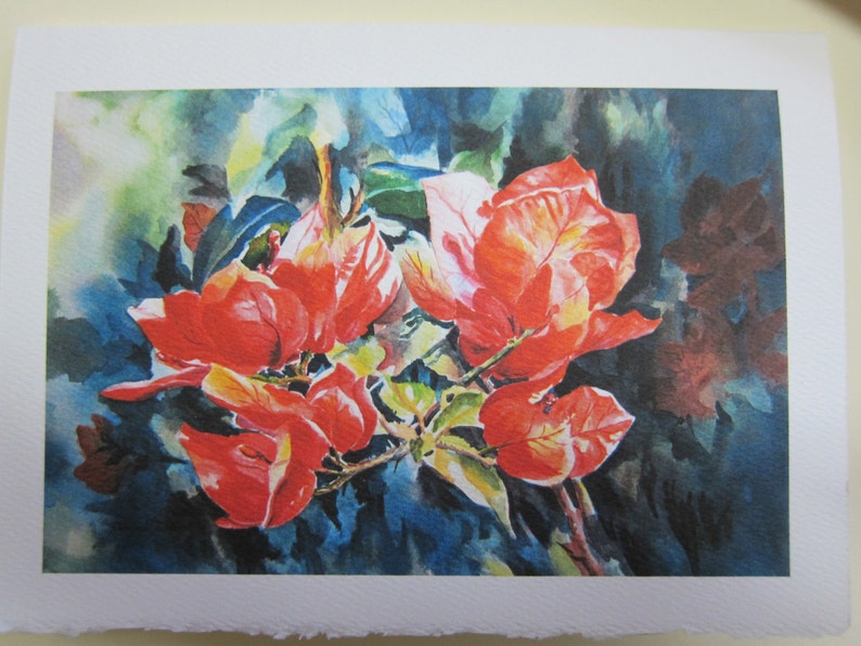 May include: Watercolor painting of red bougainvillea flowers with green leaves against a blue and green background.