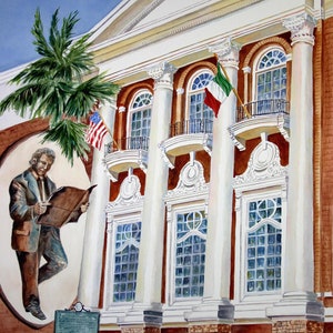 May include: A watercolour painting of a building with white columns and red brick. There are three large windows with arched tops and black iron balconies. An American flag and an Italian flag are flying from the building. A man in a suit is painted on the side of the building holding a newspaper.
