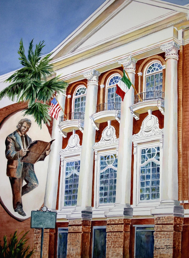 May include: A watercolour painting of a building with white columns and red brick. There are three large windows with arched tops and black iron balconies. An American flag and an Italian flag are flying from the building. A man in a suit is painted on the side of the building holding a newspaper.