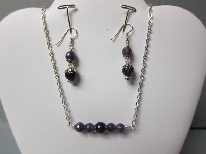 Amethyst Bar Necklace & Earring Set Natural stone, beads silver hypoallergenic ear wires watercolorsNmore image 5