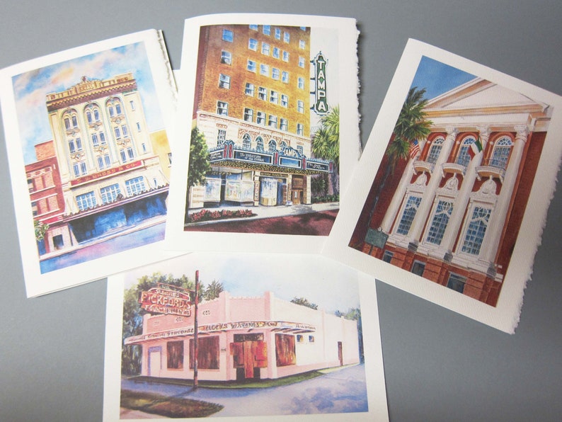 4 Tampa Historical Landmarks 5 x 7 note card Tampa Theatre, Pickfords, Kress Bldg., Italian Club RTobaison image 1