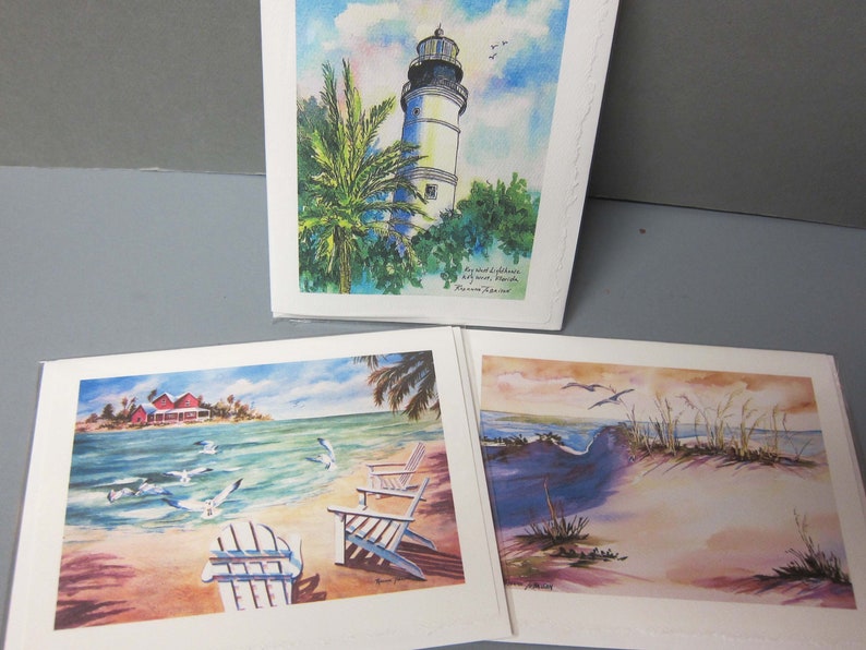 3 Ocean 5 x 7 note cards, Ocean View, Beach, Sea Gulls, Key West Lighthouse RTobaison Florida Art print, Sea Breeze, Island image 1