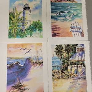 Florida Beach, Coastal 4 cartes artistiques - 5 x 7 artistes, Roxanne Tobaison WatercolorsNmore