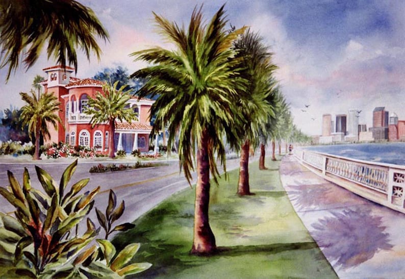 Historic BAYSHORE BLVD, Tampa Florida 3 5 x 7 Note Art Cards, 11x14 watercolor prints RTobaison WatercolorsNmore MacDill image 2