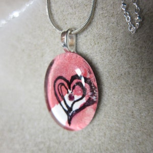 Genuine Ruby, Heart Pendant, Glass Tile Pendant, Oval, Watercolor, Heart, Red, Necklace, OOAK image 1