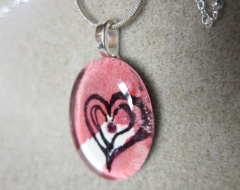 Genuine Ruby, Heart Pendant, Glass Tile Pendant, Oval, Watercolor, Heart, Red, Necklace, OOAK