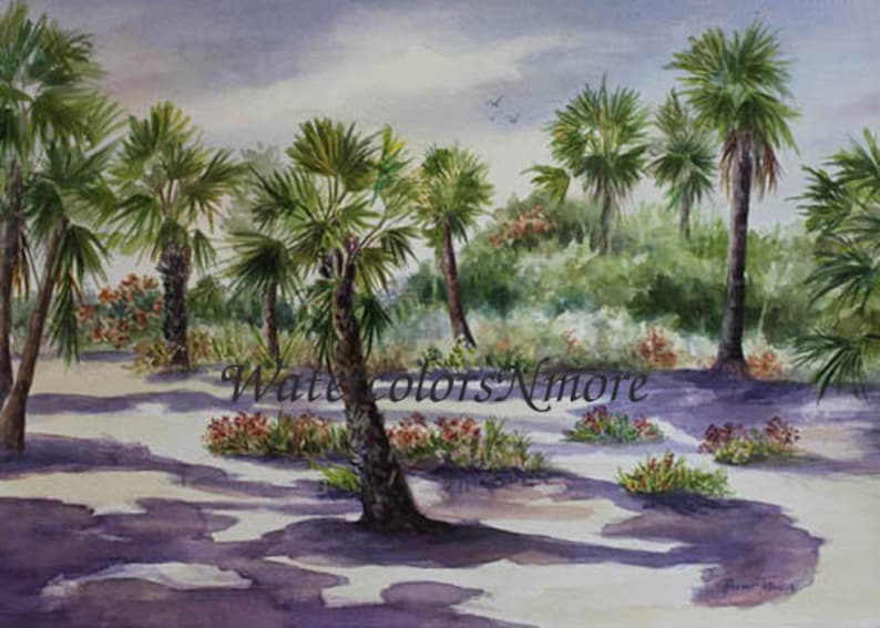 May include: Watercolor painting of a palm tree grove with a purple and white background. The trees are green and have long, slender trunks. The painting is signed "Watercolors'Nmore" in the lower center.