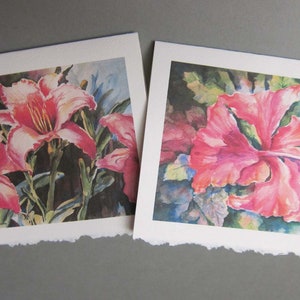 Hibiscus and Hot Lilies 5 x 7 Note Card Art Greeting cards Blank watercolor print art cards image 1