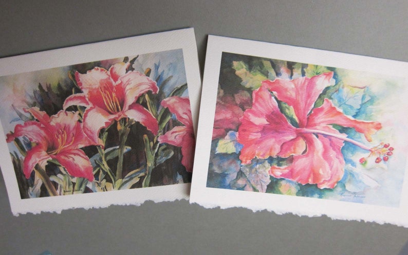 Hibiscus and Hot Lilies 5 x 7 Note Card Art Greeting cards Blank watercolor print art cards image 1