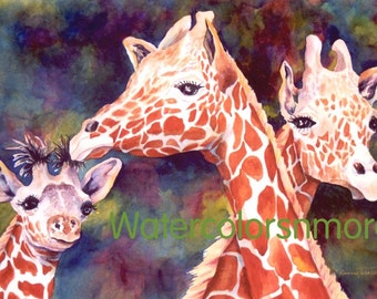 Giraffes Watercolor 8 x 10 or 11 x 14 Fine ArtPrint  Africa  zoo giraffe Decorative art animals  jewel tone