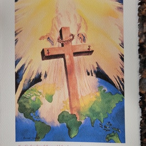 Christian Art 8 x 10 watercolor print or 5 x 7 note Art cards, RTobaison God So Love the World, God, Jesus Christ, John 3:16, World image 1