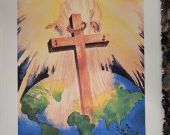 Christian Art 8 x 10 watercolor print or 5 x 7 note Art cards, @RTobaison God So Love the World, God, Jesus Christ, John 3:16, World