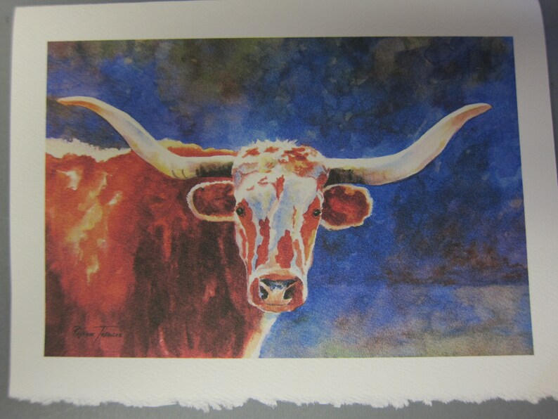 Cows, Brahman, Bulls Texas Longhorn 2 Note Cards, 5 x 7, jewel tone, Brahman art, Cow art, bull art, watercolorsNmore image 3