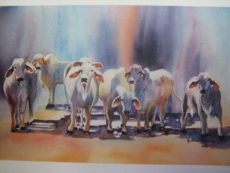 Cows, Brahman, Bulls Texas Longhorn 2 Note Cards, 5 x 7, jewel tone, Brahman art, Cow art, bull art, watercolorsNmore image 2